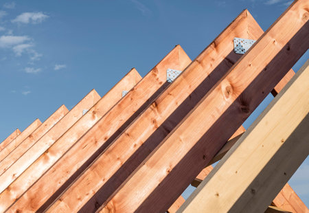 Close up photo of roof beams for a new home under construction