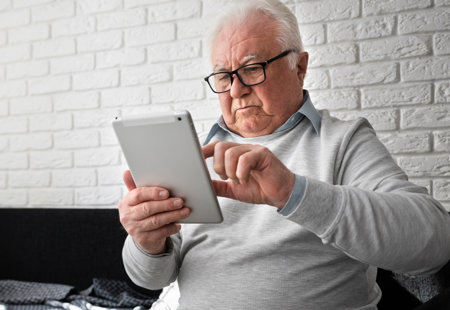 Photo of an older man using a tablet computer while sitting on a sofa